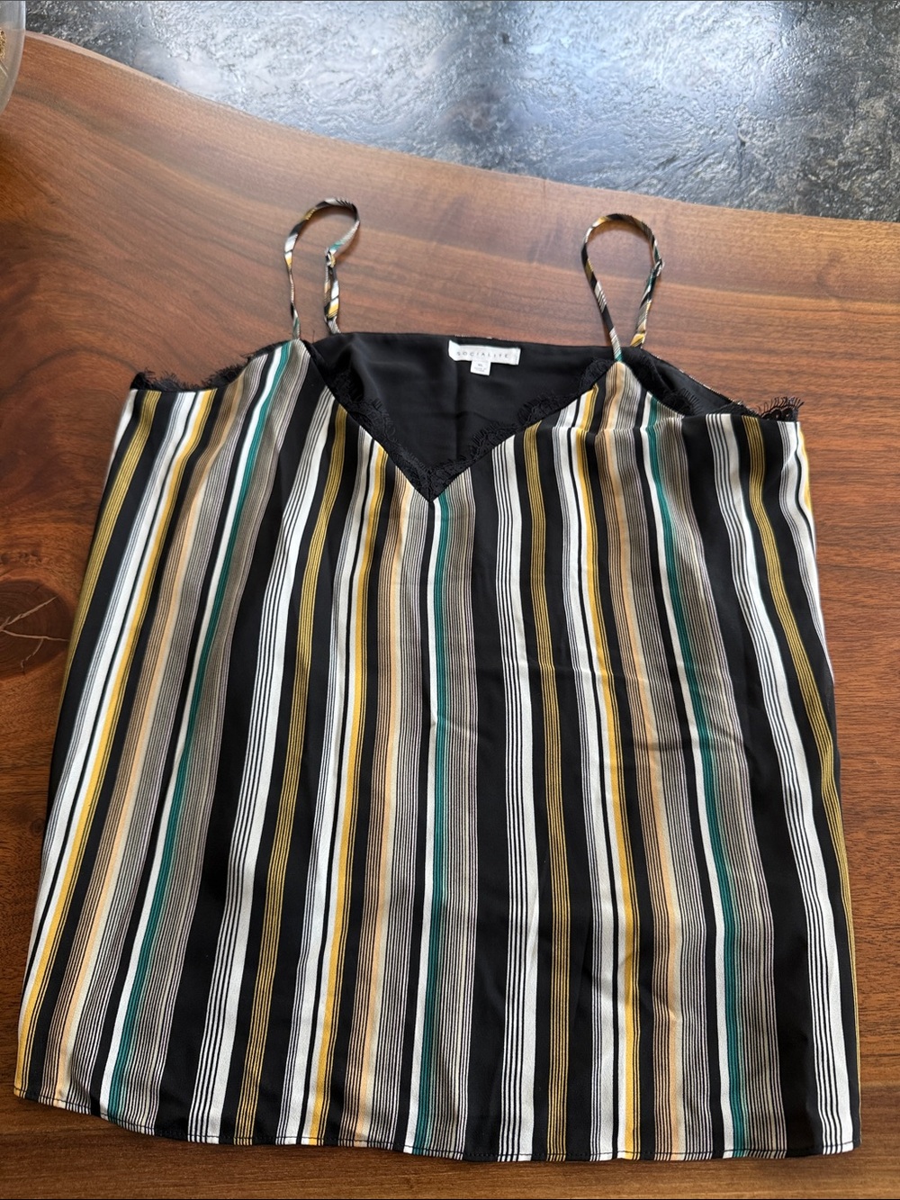 Socialite Black Striped Satin V-Neck Cami with Gold, Green, White, Tan